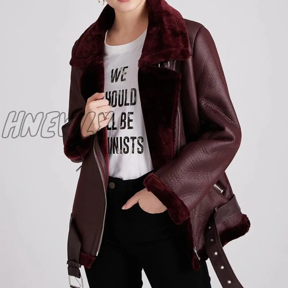 Hnewly Winter Coats Women Thick Faux Leather Fur Sheepskin Coat Female Jacket Aviator Casaco