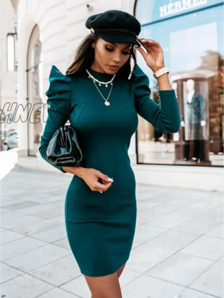 Hnewly Winter Dresses For Women Puff Sleeve Vintage Ol Sheath Knitted Dress Female Party Night