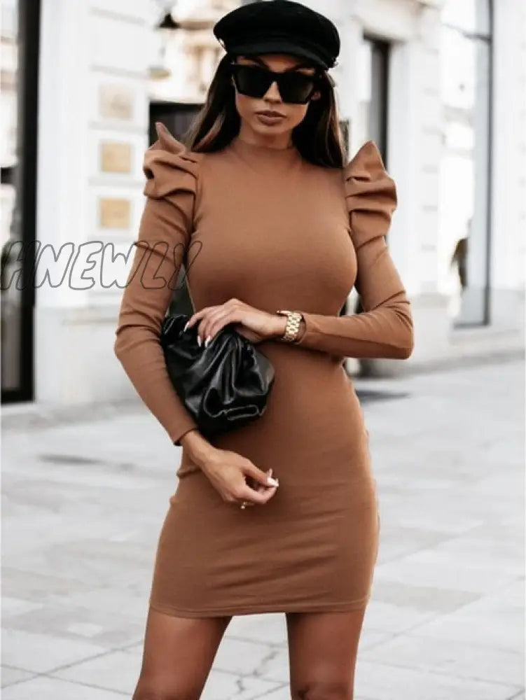 Hnewly Winter Dresses For Women Puff Sleeve Vintage Ol Sheath Knitted Dress Female Party Night