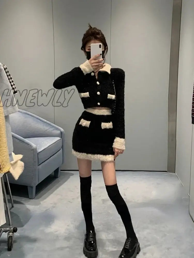 Hnewly Winter Knitted Suits Female French Vintage 2 Piece Dress Set Korean Faschion Y2K Crop Tops +