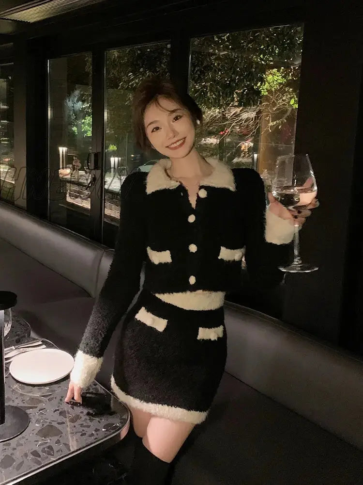 Hnewly Winter Knitted Suits Female French Vintage 2 Piece Dress Set Korean Faschion Y2K Crop Tops +