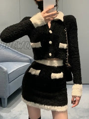 Hnewly Winter Knitted Suits Female French Vintage 2 Piece Dress Set Korean Faschion Y2K Crop Tops +