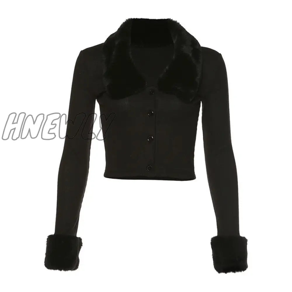 Hnewly Winter Knitted Top Women Y2K Fur Collar Tops Long Sleeve Chic Zipper Rib Crop Lace Up