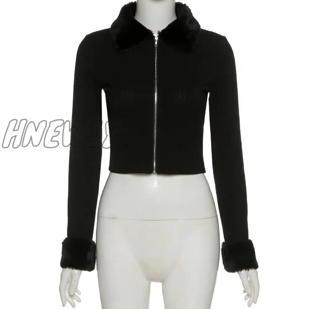 Hnewly Winter Knitted Top Women Y2K Fur Collar Tops Long Sleeve Chic Zipper Rib Crop Lace Up