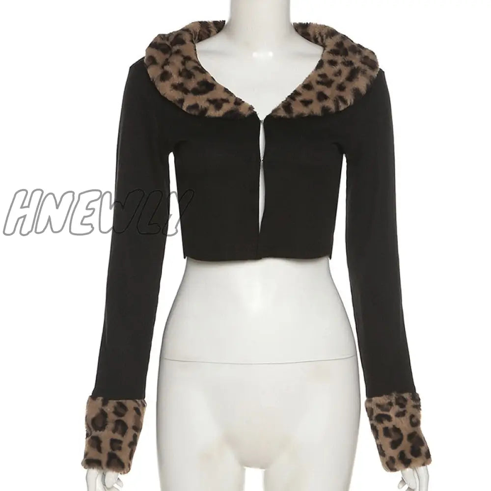 Hnewly Winter Knitted Top Women Y2K Fur Collar Tops Long Sleeve Chic Zipper Rib Crop Lace Up