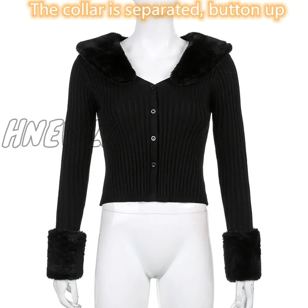 Hnewly Winter Knitted Top Women Y2K Fur Collar Tops Long Sleeve Chic Zipper Rib Crop Lace Up