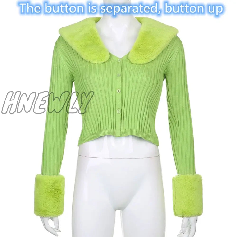 Hnewly Winter Knitted Top Women Y2K Fur Collar Tops Long Sleeve Chic Zipper Rib Crop Lace Up