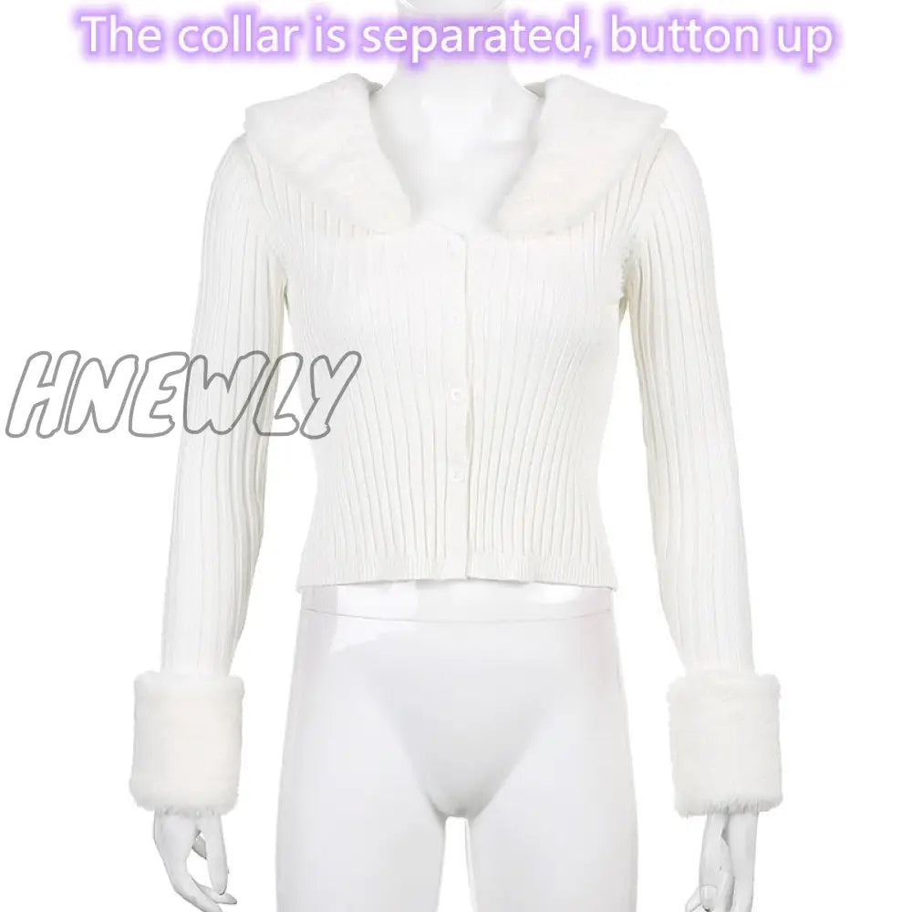 Hnewly Winter Knitted Top Women Y2K Fur Collar Tops Long Sleeve Chic Zipper Rib Crop Lace Up