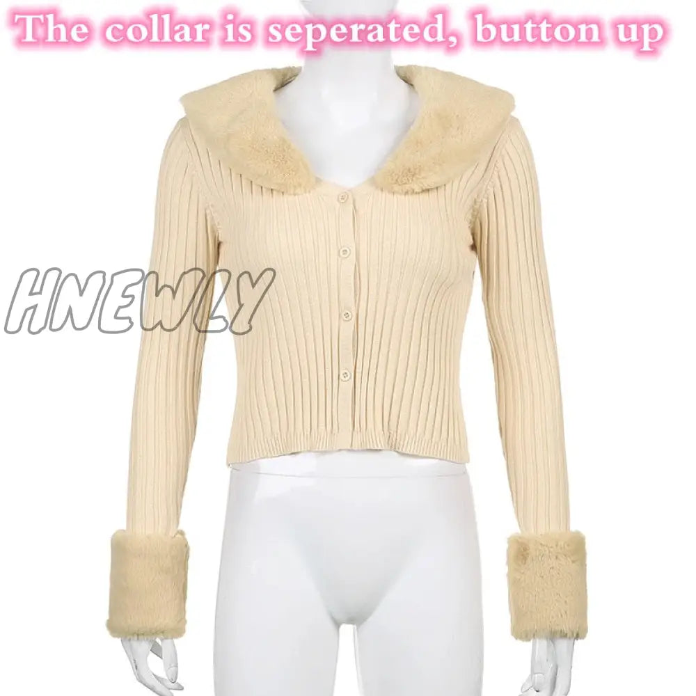 Hnewly Winter Knitted Top Women Y2K Fur Collar Tops Long Sleeve Chic Zipper Rib Crop Lace Up