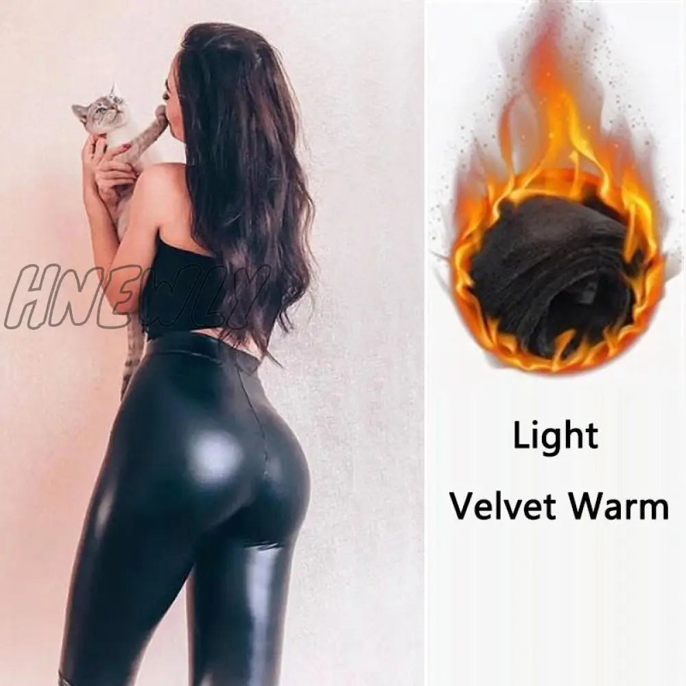 Hnewly Winter Leather Leggings Women Sexy Night Club Hip Lifting Casual Black Pu Pants High Waist