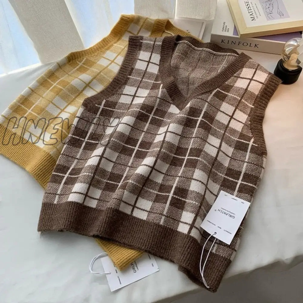 Hnewly Winter Plaid Sweater Vest Women Autumn/Winter Retro Loose - Fitting Pullover Sleeveless