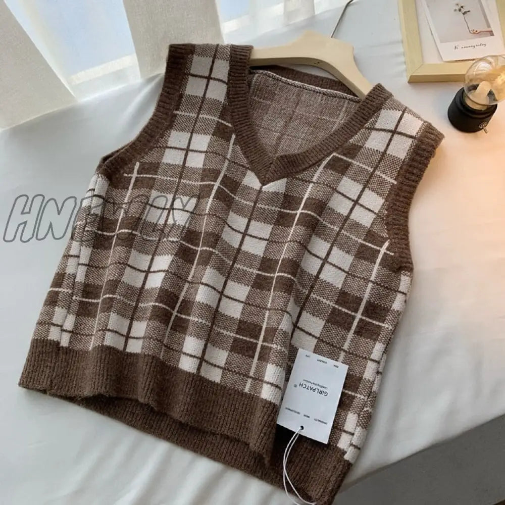 Hnewly Winter Plaid Sweater Vest Women Autumn/Winter Retro Loose - Fitting Pullover Sleeveless