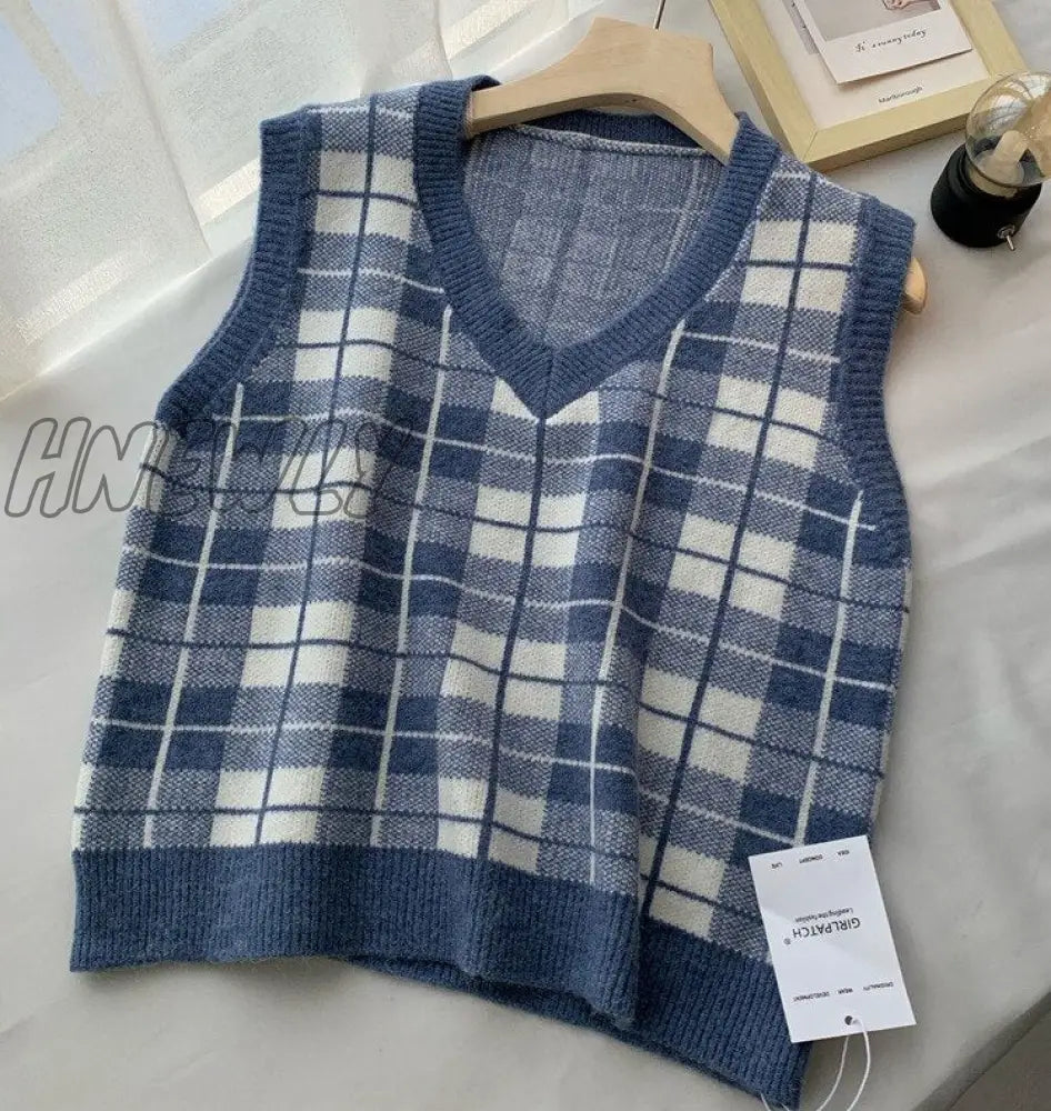 Hnewly Winter Plaid Sweater Vest Women Autumn/Winter Retro Loose - Fitting Pullover Sleeveless