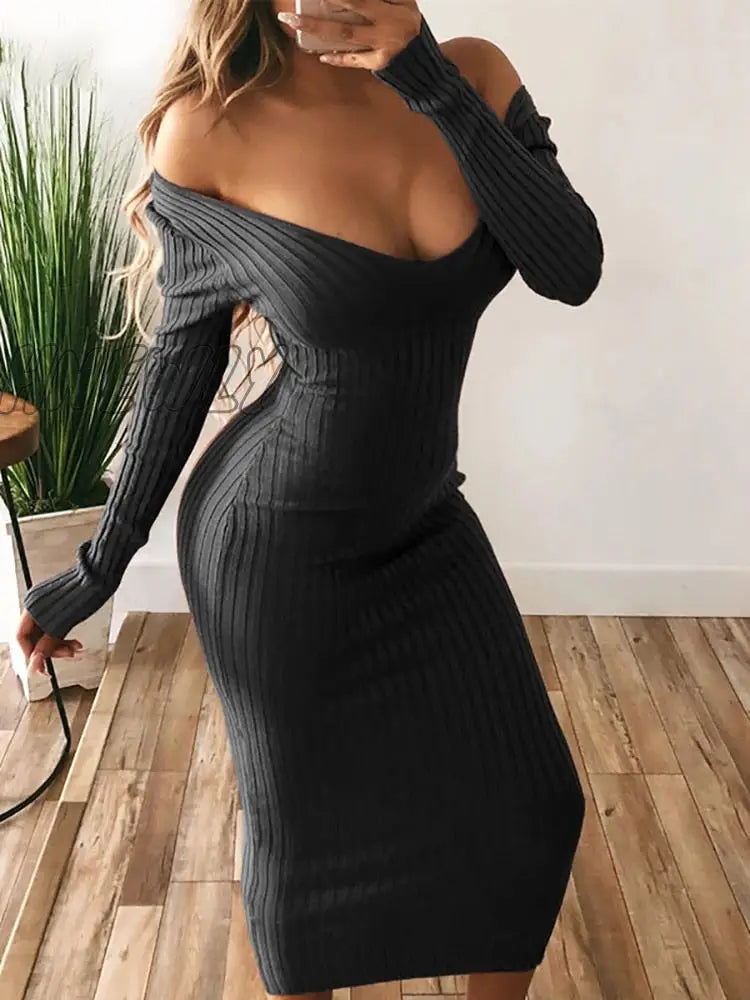 Hnewly Winter Sexy Bodycon Midi Woman Dress Knitted Long Sleeve V Neck Party Elegant Robe Women’s