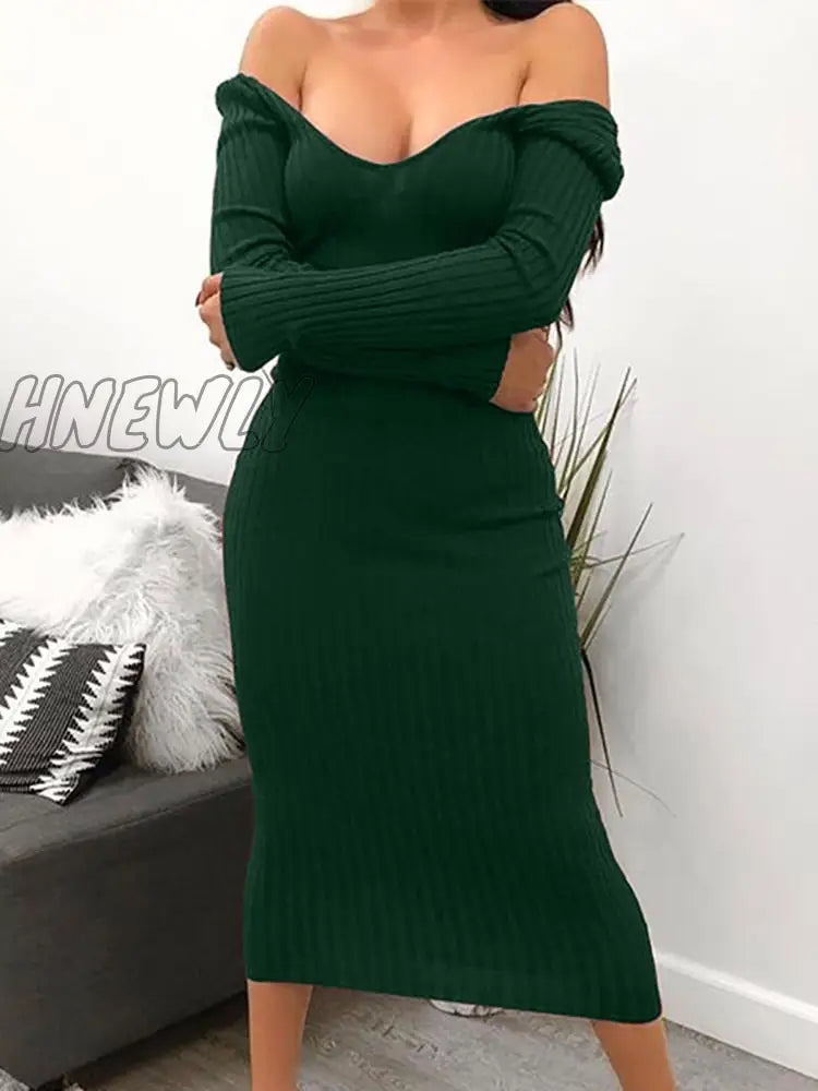 Hnewly Winter Sexy Bodycon Midi Woman Dress Knitted Long Sleeve V Neck Party Elegant Robe Women’s