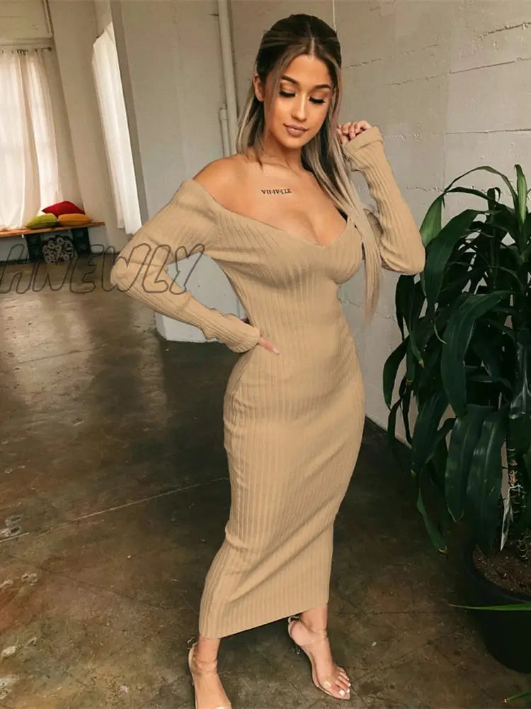 Hnewly Winter Sexy Bodycon Midi Woman Dress Knitted Long Sleeve V Neck Party Elegant Robe Women’s