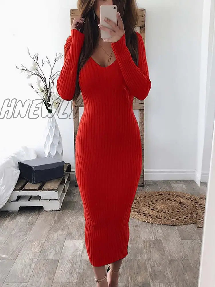 Hnewly Winter Sexy Bodycon Midi Woman Dress Knitted Long Sleeve V Neck Party Elegant Robe Women’s