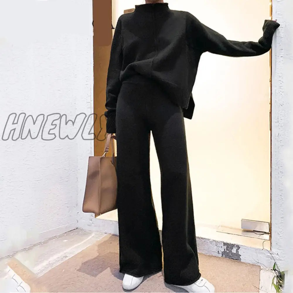 Hnewly Winter Tracksuit 2 Piece Pant Suits For Women Knitted Long Sleeve Two Set Top And Pants Suit