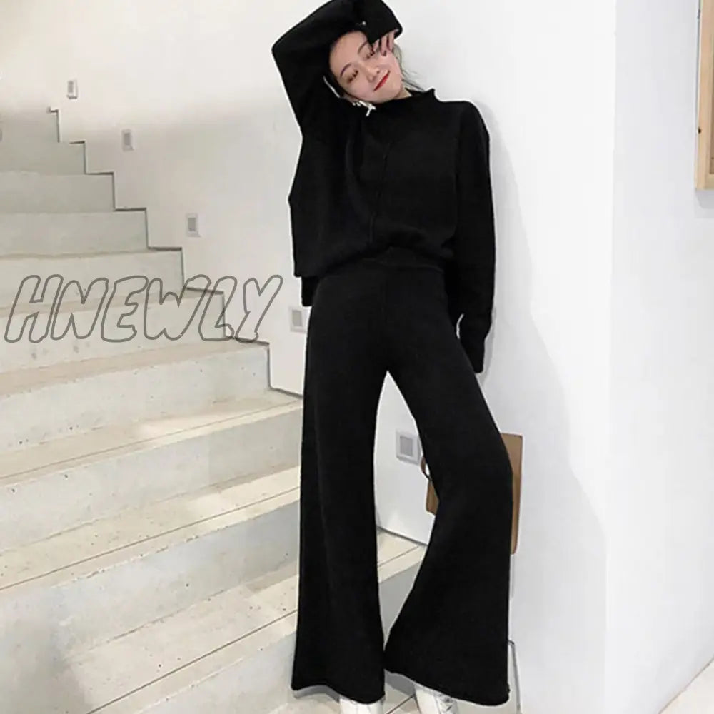 Hnewly Winter Tracksuit 2 Piece Pant Suits For Women Knitted Long Sleeve Two Set Top And Pants Suit