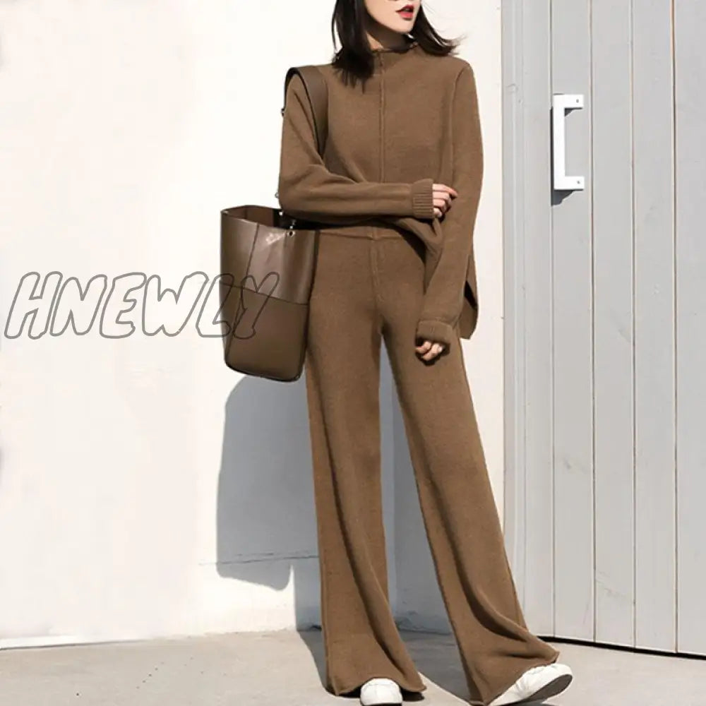 Hnewly Winter Tracksuit 2 Piece Pant Suits For Women Knitted Long Sleeve Two Set Top And Pants Suit