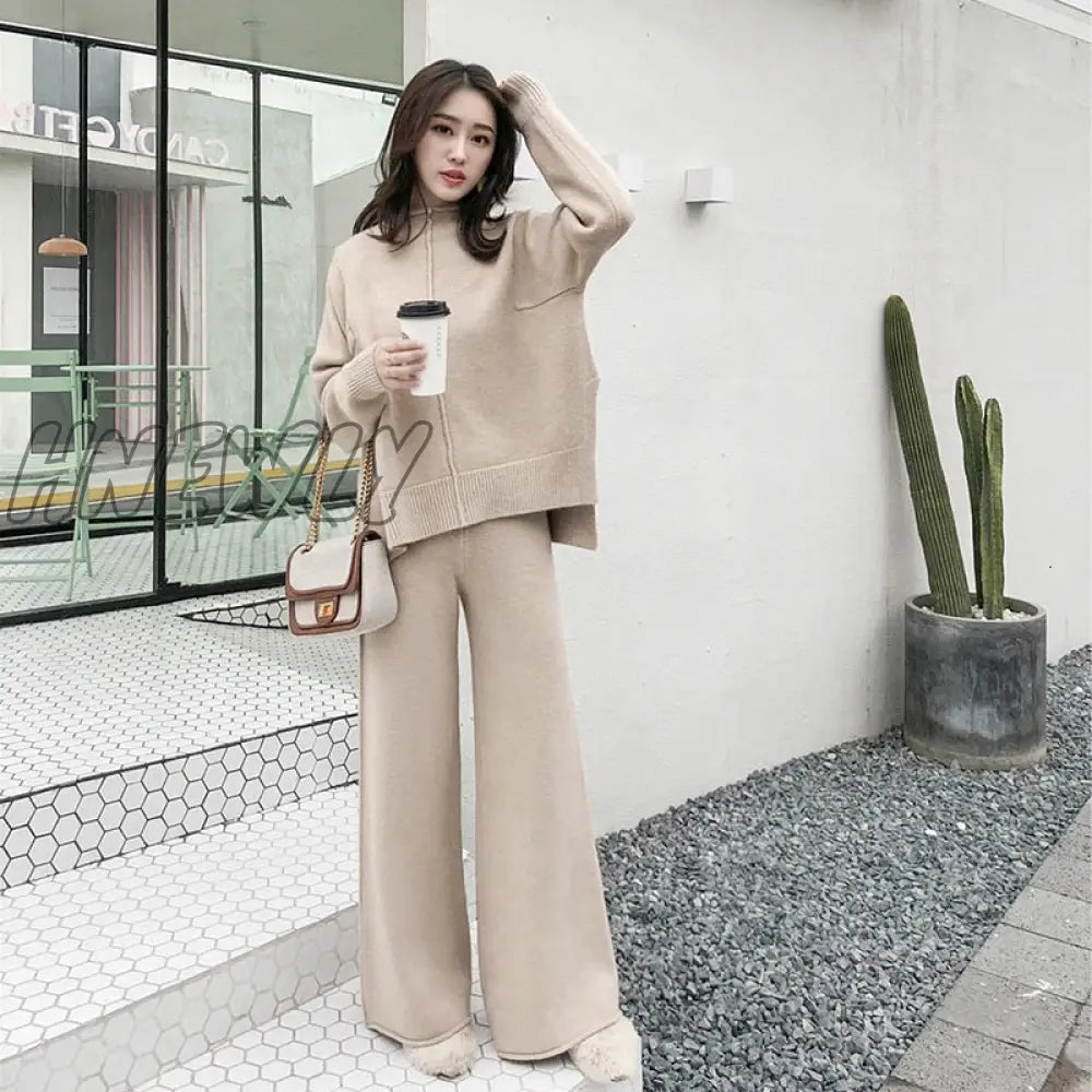 Hnewly Winter Tracksuit 2 Piece Pant Suits For Women Knitted Long Sleeve Two Set Top And Pants Suit