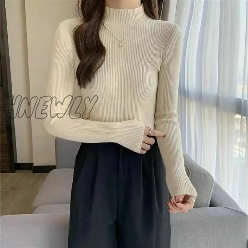 Hnewly Winter Turtleneck Sweater Women Elegant Lined Warm Knitted Pullover Slim Long Sleeve Tops