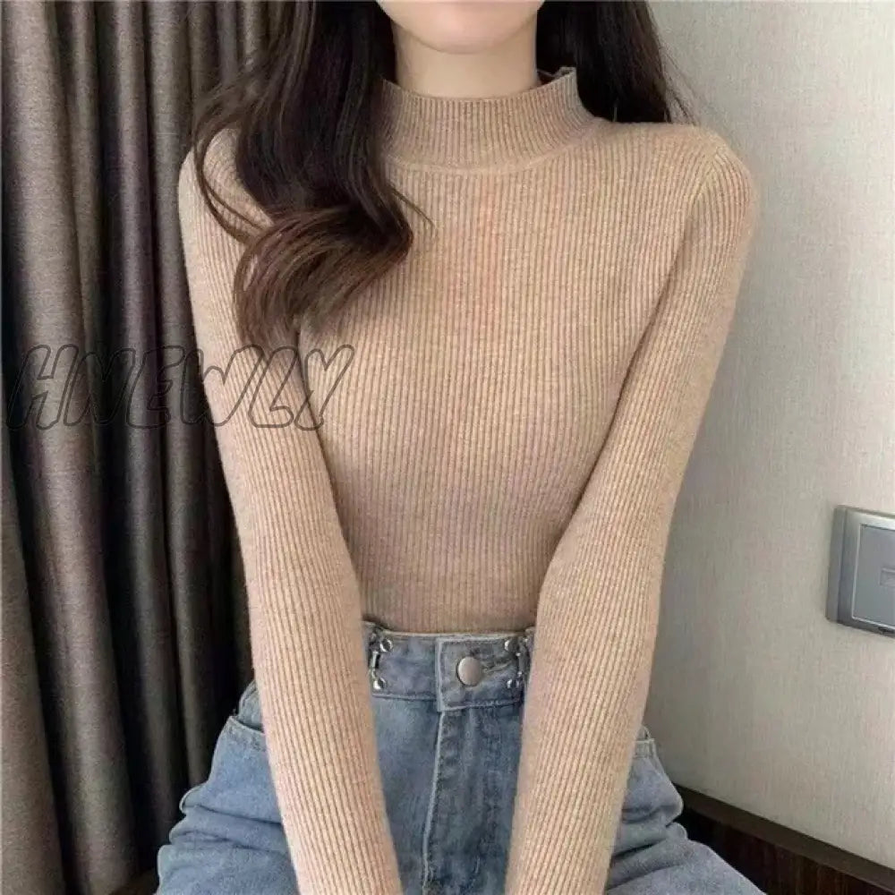 Hnewly Winter Turtleneck Sweater Women Elegant Lined Warm Knitted Pullover Slim Long Sleeve Tops