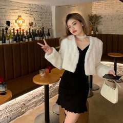 Hnewly Winter White Lamb Wool Crop Tops Women Korean Elegant Long Sleeve Plush Coat Ladies Fashion