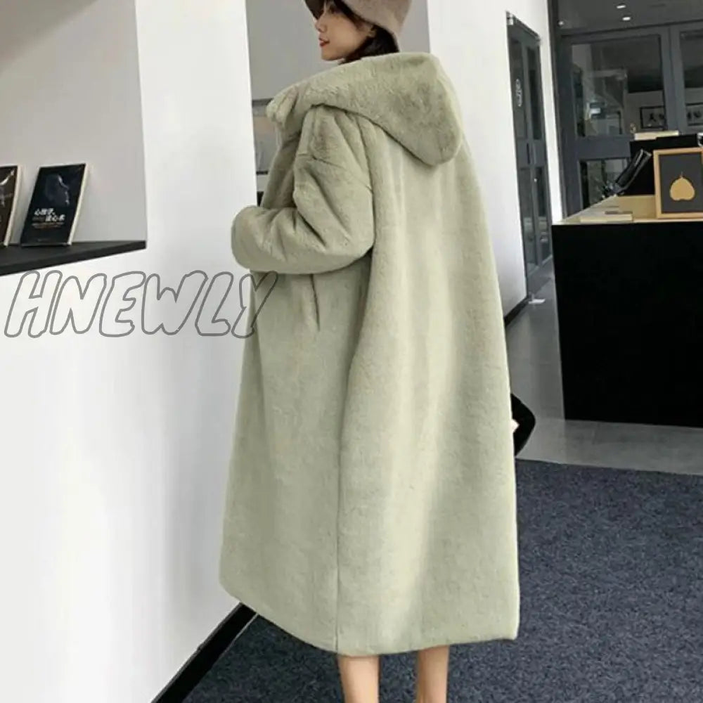 Hnewly Winter Women High Quality Faux Rabbit Fur Coat Luxury Long Loose Lapel Overcoat Thick Warm