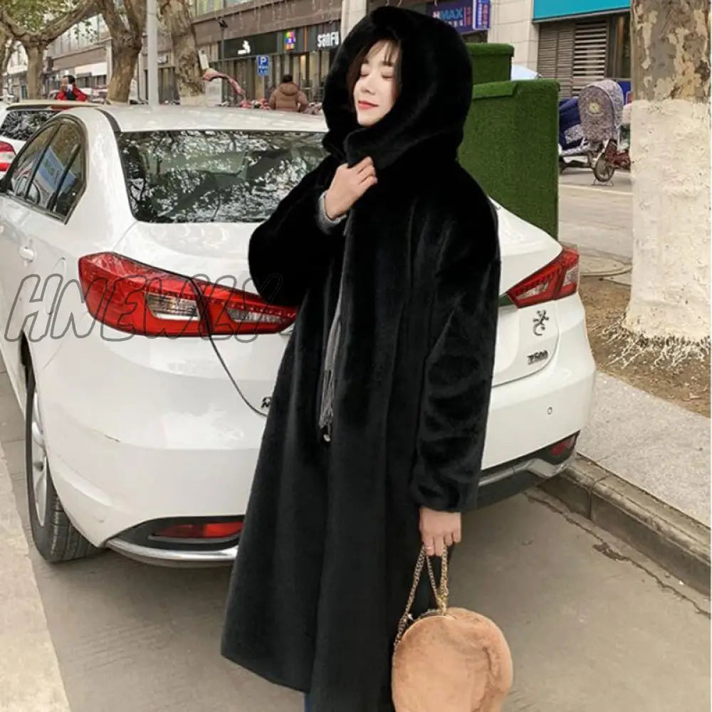 Hnewly Winter Women High Quality Faux Rabbit Fur Coat Luxury Long Loose Lapel Overcoat Thick Warm