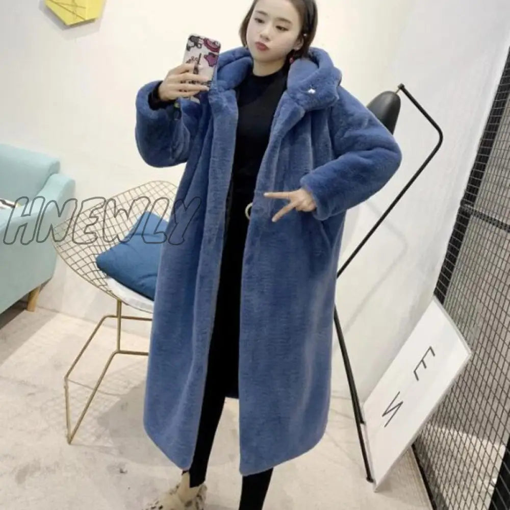 Hnewly Winter Women High Quality Faux Rabbit Fur Coat Luxury Long Loose Lapel Overcoat Thick Warm