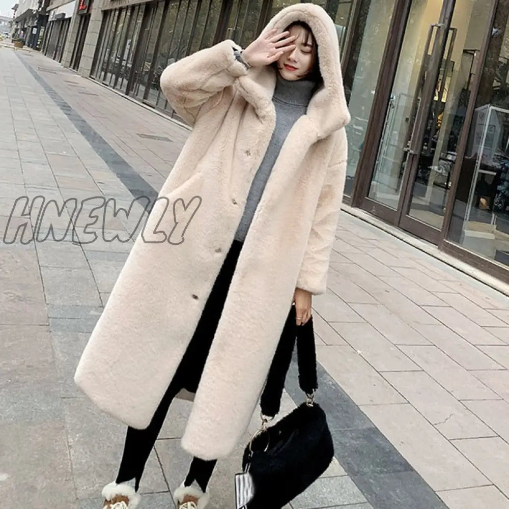 Hnewly Winter Women High Quality Faux Rabbit Fur Coat Luxury Long Loose Lapel Overcoat Thick Warm