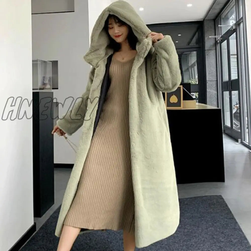 Hnewly Winter Women High Quality Faux Rabbit Fur Coat Luxury Long Loose Lapel Overcoat Thick Warm