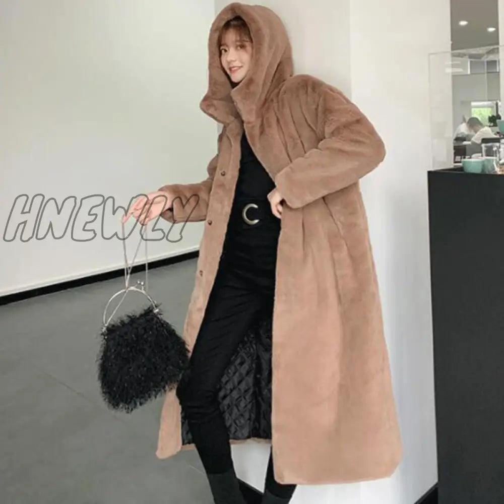 Hnewly Winter Women High Quality Faux Rabbit Fur Coat Luxury Long Loose Lapel Overcoat Thick Warm