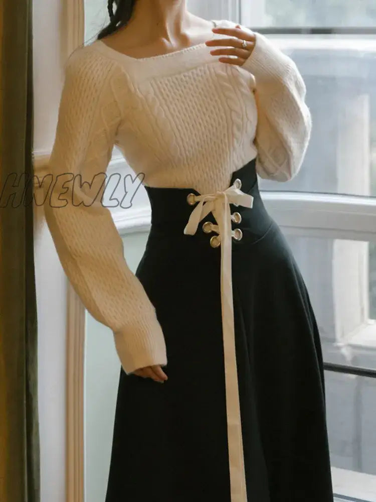 Hnewly Winter Women Two Piece Set Vintage White Long Sleeve Pullover Sweater & Black Bandage Maxi