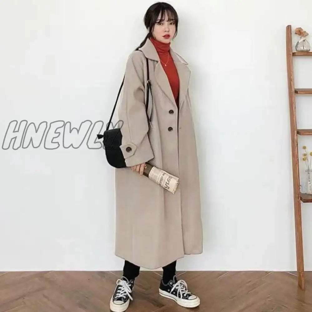 Hnewly Woman Long Coat Fashion Korean Preppy Style Retro Versatile Windbreaker Casual Warm Woolen