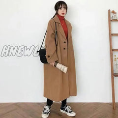 Hnewly Woman Long Coat Fashion Korean Preppy Style Retro Versatile Windbreaker Casual Warm Woolen