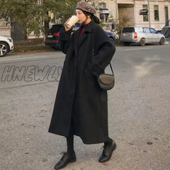 Hnewly Woman Long Coat Fashion Korean Preppy Style Retro Versatile Windbreaker Casual Warm Woolen