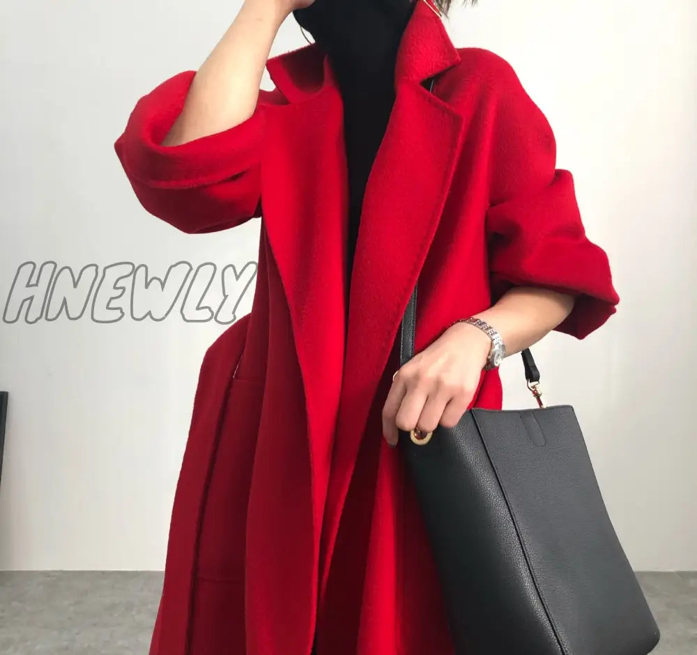 Hnewly Woman Long Coat Water Wave Cashmere Double-Sided Tweed Women’s Medium And Pure Color Wool