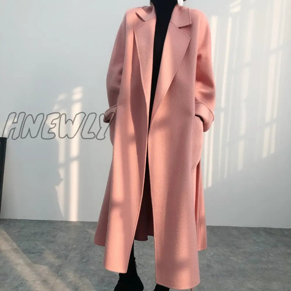 Hnewly Woman Long Coat Water Wave Cashmere Double-Sided Tweed Women’s Medium And Pure Color Wool