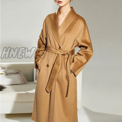 Hnewly Woman Long Coat Water Wave Cashmere Double-Sided Tweed Women’s Medium And Pure Color Wool