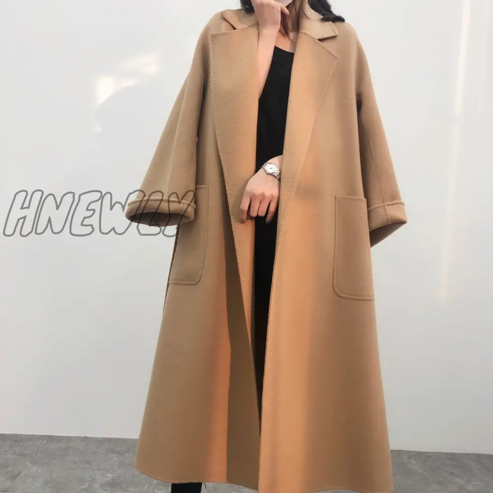 Hnewly Woman Long Coat Water Wave Cashmere Double-Sided Tweed Women’s Medium And Pure Color Wool