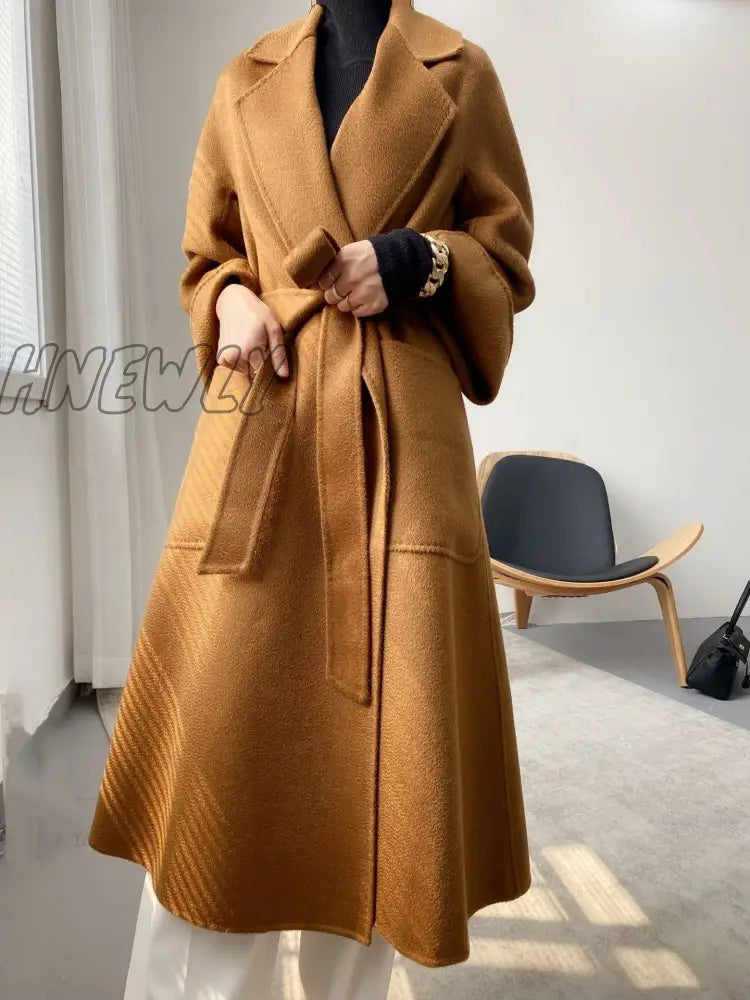 Hnewly Woman Long Coat Water Wave Cashmere Double-Sided Tweed Women’s Medium And Pure Color Wool