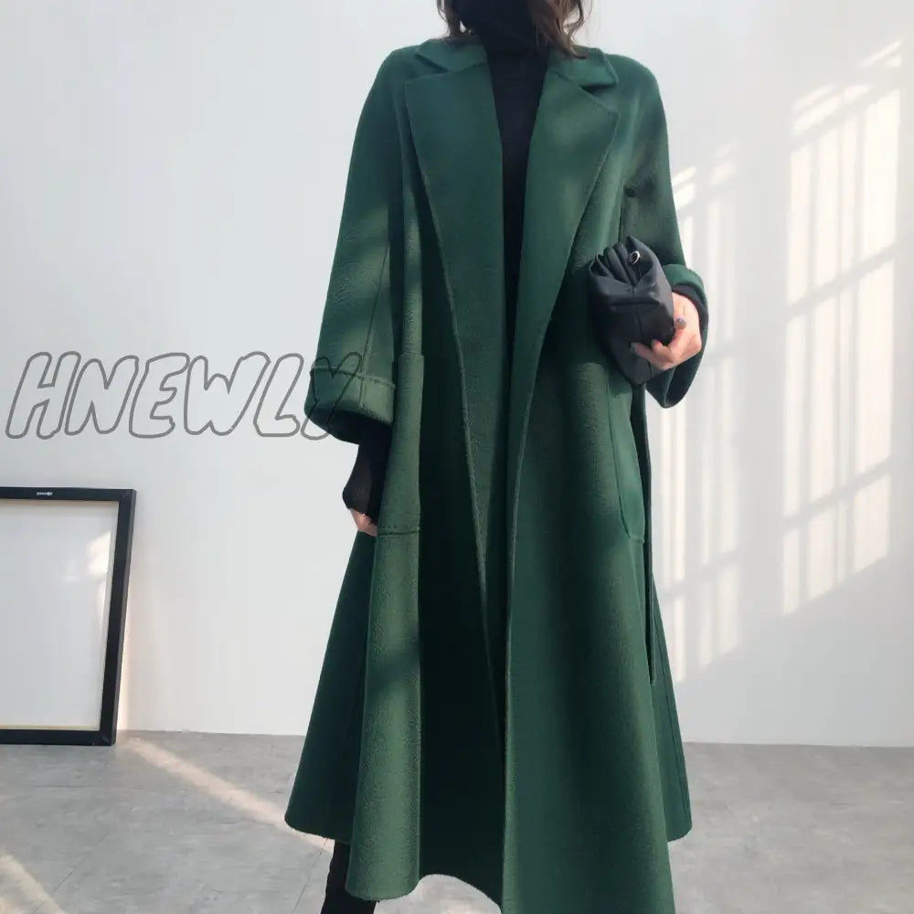 Hnewly Woman Long Coat Water Wave Cashmere Double-Sided Tweed Women’s Medium And Pure Color Wool