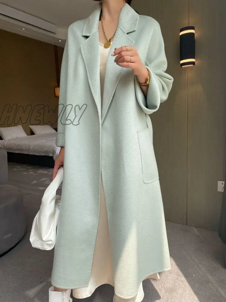 Hnewly Woman Long Coat Water Wave Cashmere Double-Sided Tweed Women’s Medium And Pure Color Wool