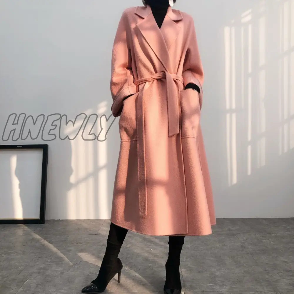 Hnewly Woman Long Coat Water Wave Cashmere Double-Sided Tweed Women’s Medium And Pure Color Wool