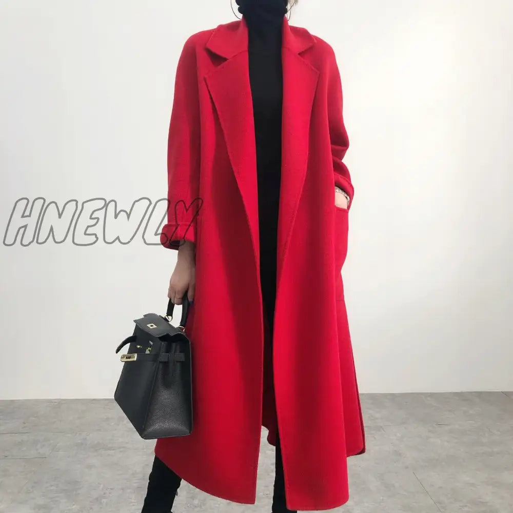 Hnewly Woman Long Coat Water Wave Cashmere Double-Sided Tweed Women’s Medium And Pure Color Wool