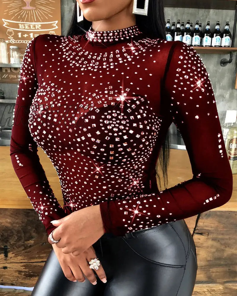 Hnewly Woman Tshirts Studded Long Sleeve Bodysuit Sexy Mesh Tops Autumn Best Seller Aesthetic