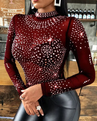 Hnewly Woman Tshirts Studded Long Sleeve Bodysuit Sexy Mesh Tops Autumn Best Seller Aesthetic