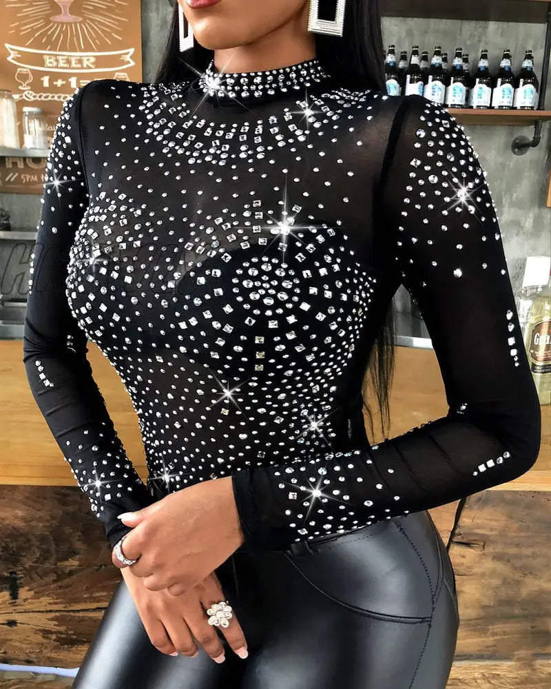 Hnewly Woman Tshirts Studded Long Sleeve Bodysuit Sexy Mesh Tops Autumn Best Seller Aesthetic